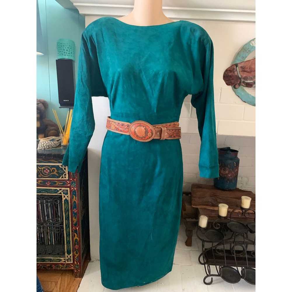 80s VAKKO Teal Blue Suede Leather Dress - image 1