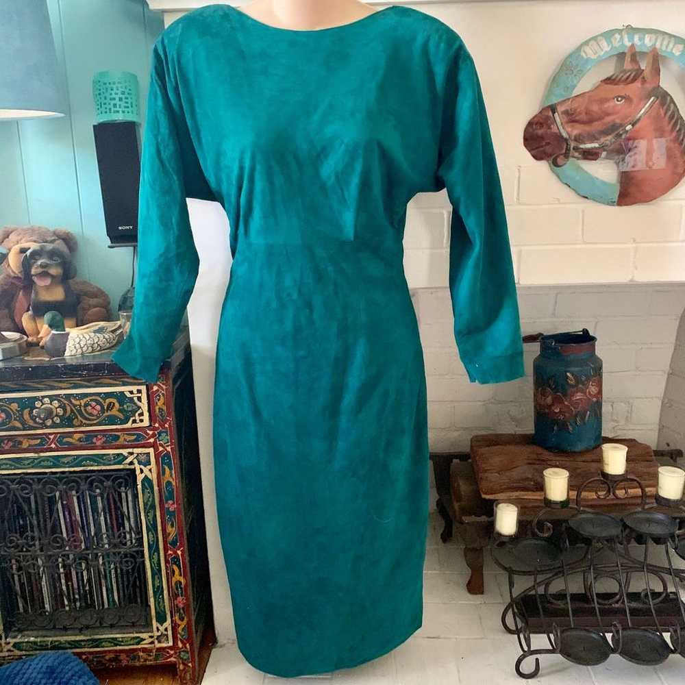 80s VAKKO Teal Blue Suede Leather Dress - image 2