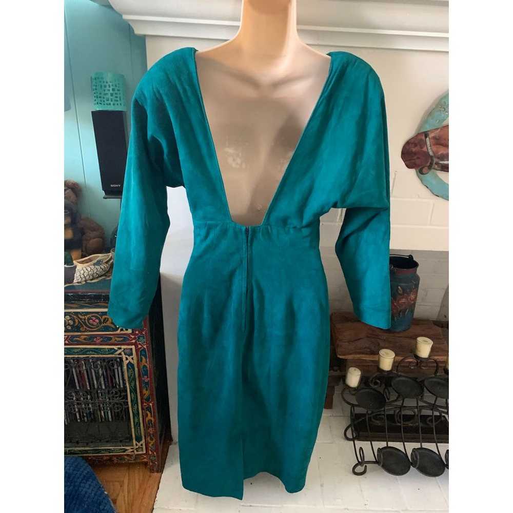 80s VAKKO Teal Blue Suede Leather Dress - image 3