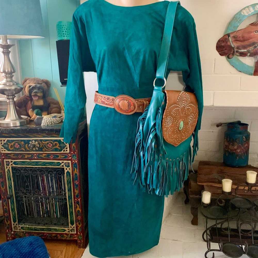 80s VAKKO Teal Blue Suede Leather Dress - image 5