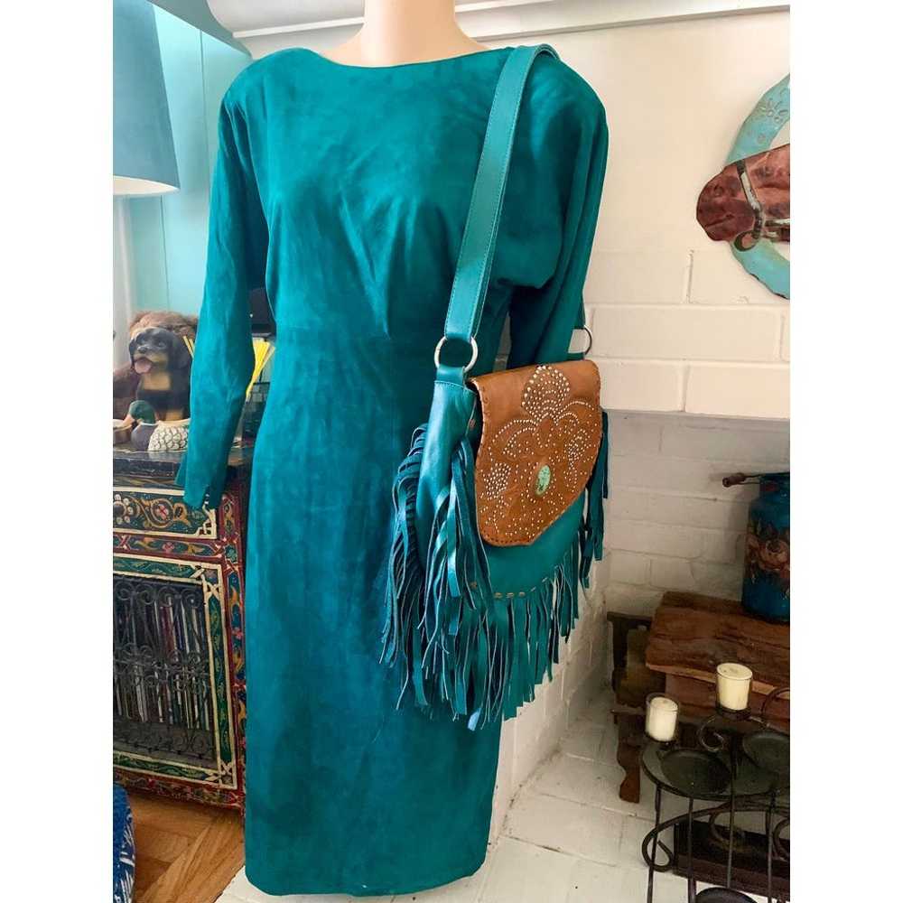 80s VAKKO Teal Blue Suede Leather Dress - image 6
