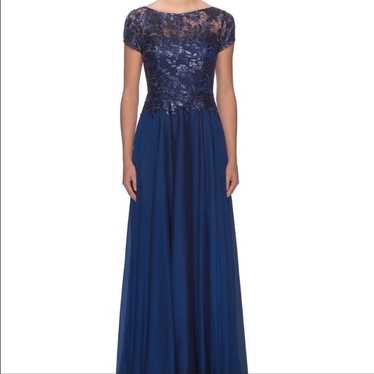 La Femme 27924 Blue Floral and Satin Gown 2