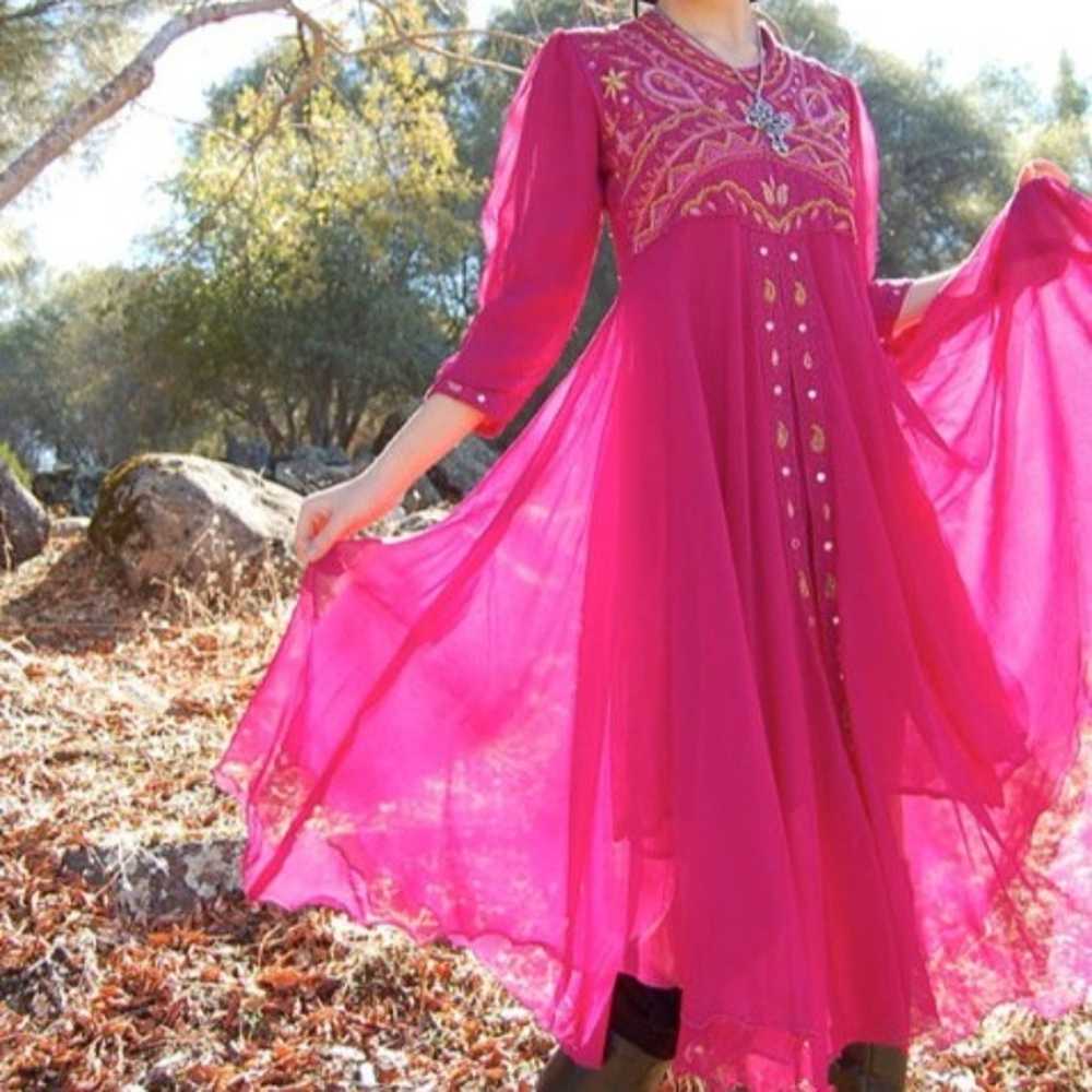 70s Vintage Magenta Beaded Ethnic Boho Dress S/M - image 1