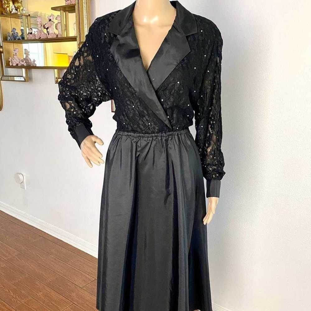 Vintage 80's Halston Black Lace Formal Dress with… - image 1