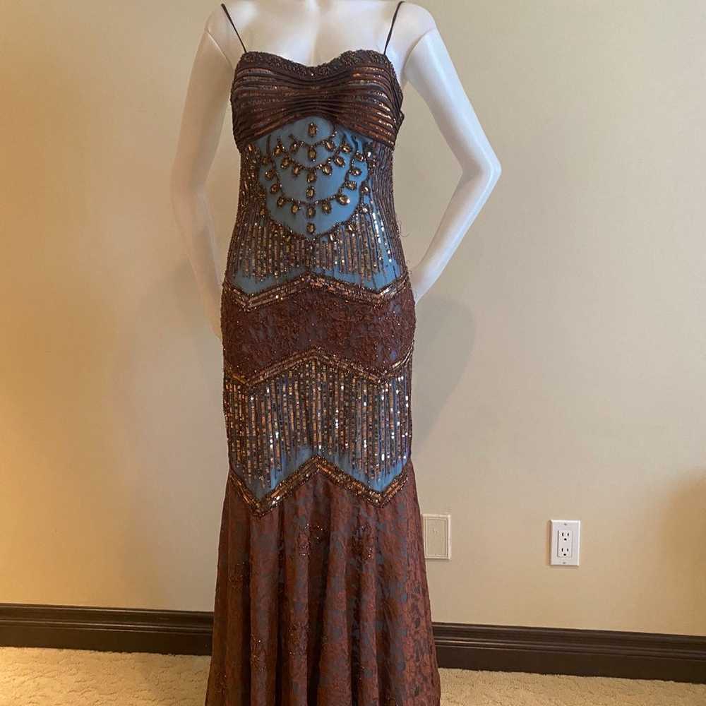 Evening maxi dress blue brown copper lace beaded … - image 1