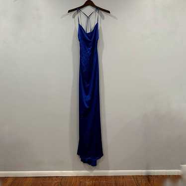 La Femme 29858 Blue Satin Cross Back Gown 6