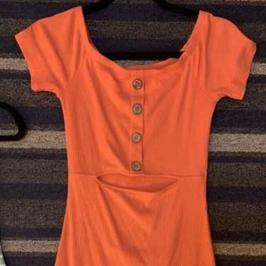 Coral Color Mini Dress With Open Stomach - image 1