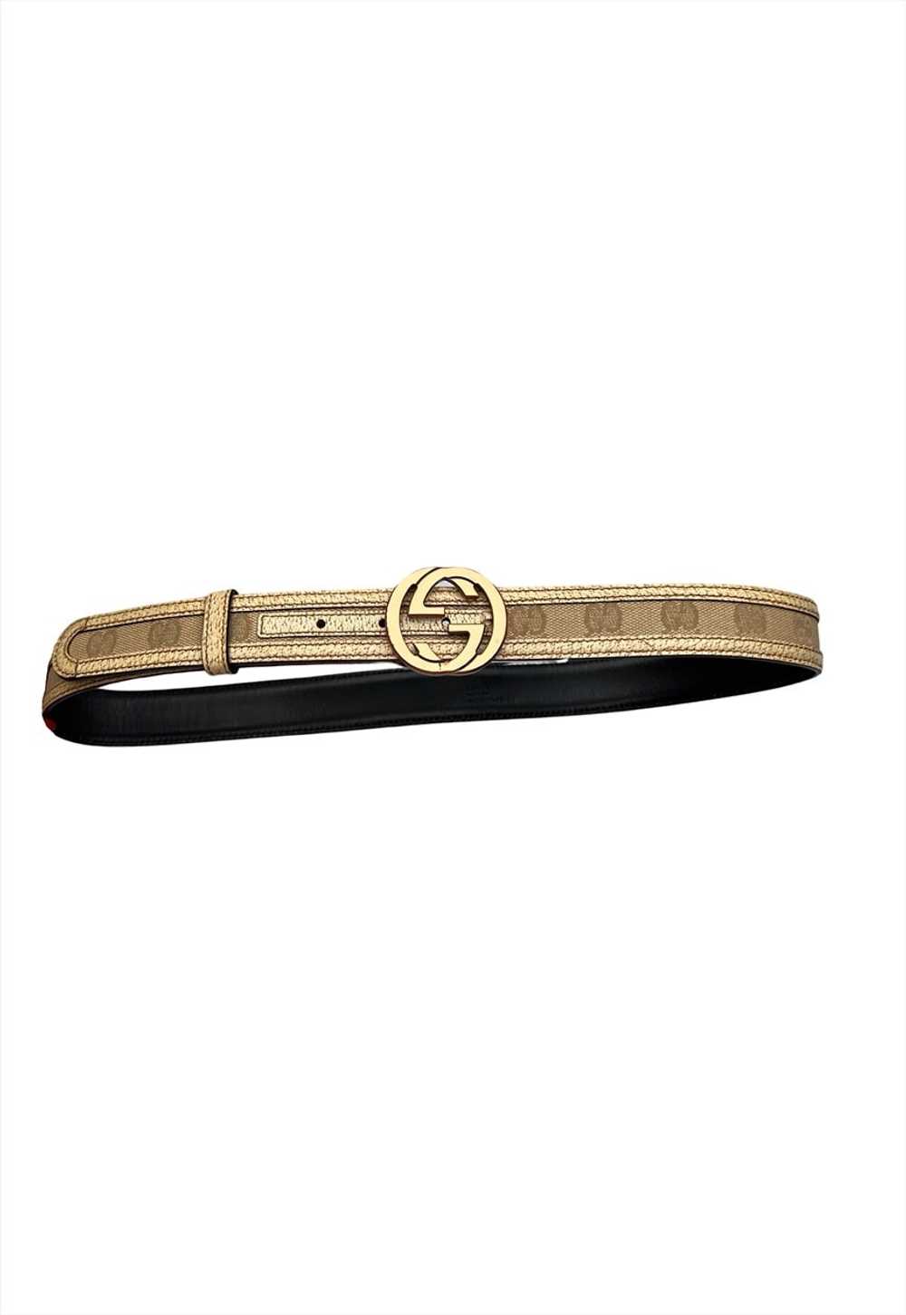 Gucci GG Belt Gold Beige Canvas Leather Logo Buck… - image 1