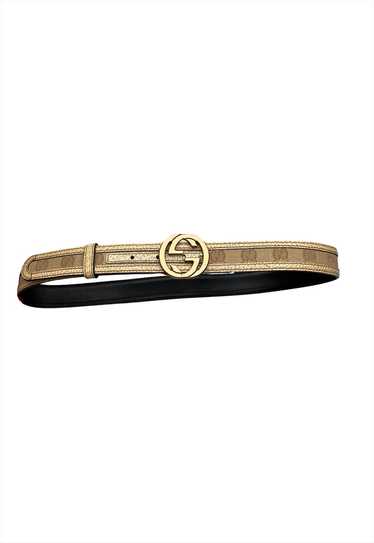 Gucci GG Belt Gold Beige Canvas Leather Logo Buck… - image 1