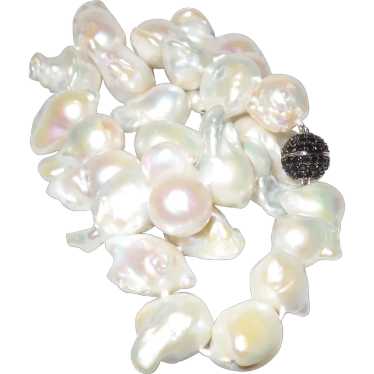 Free Form Baroque Pearl Necklace with Black Diamon