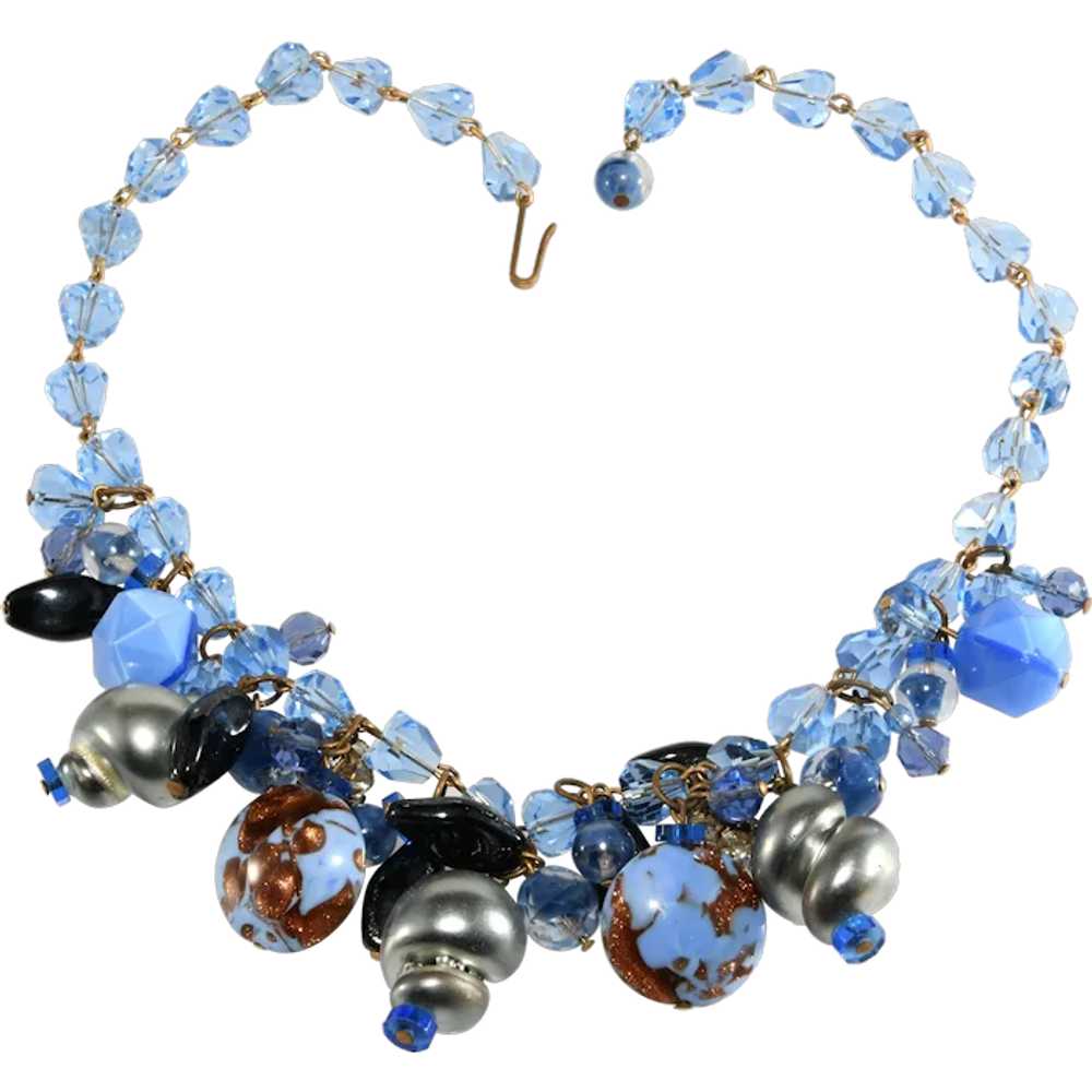 Vintage Necklace Blue Art Glass Beads Faux Pearls… - image 1