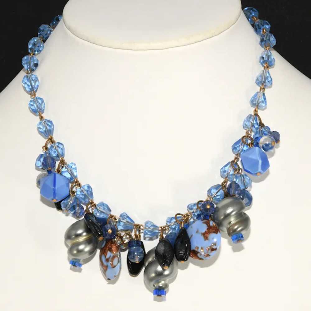 Vintage Necklace Blue Art Glass Beads Faux Pearls… - image 2