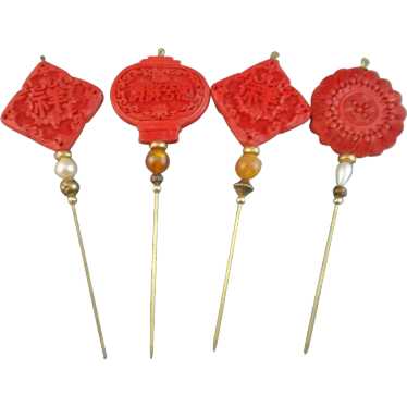 Set of 4 Beautifully Carved Cinnabar Hat Pins / S… - image 1