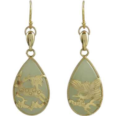 Chinese Jade Crane and Stag Pendant Earrings Ster… - image 1