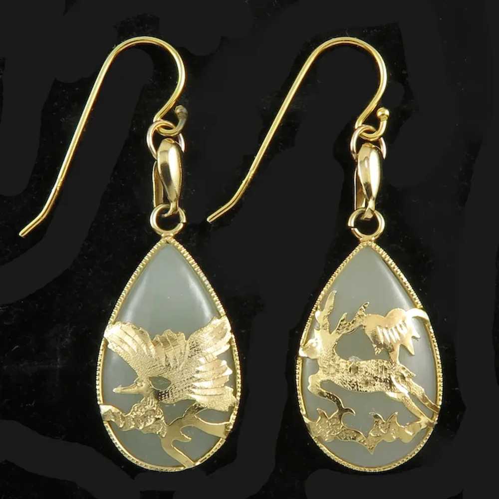 Chinese Jade Crane and Stag Pendant Earrings Ster… - image 2