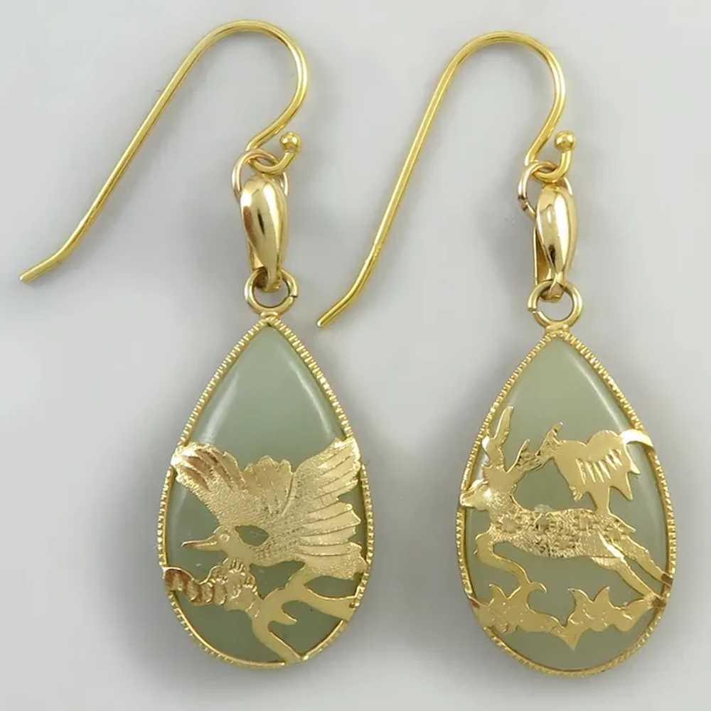 Chinese Jade Crane and Stag Pendant Earrings Ster… - image 4