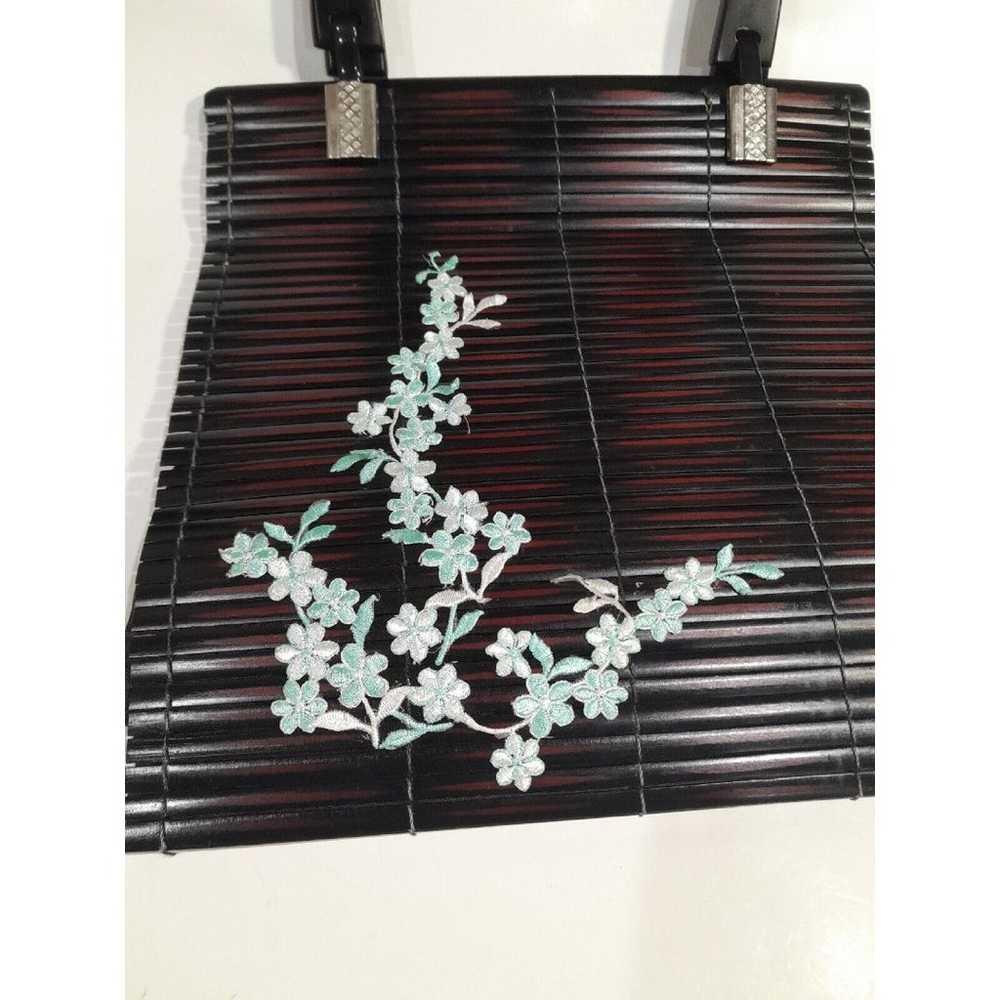 Vintage Oriental Bamboo Wood Slat Bag, Floral. Wo… - image 2