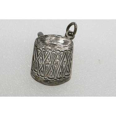 Vintage Sterling Silver Drum Charm With Tribal De… - image 1