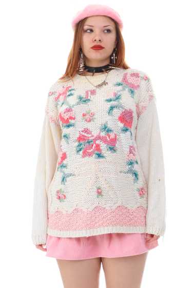 Vintage 80's Pretty Pink Roses Sweater - OSFM