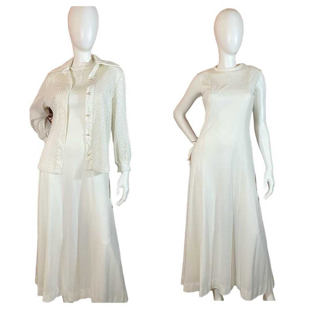 70’s Vintage White Polyester Dress & Cardigan Set - image 1