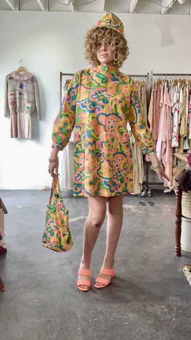 Vintage Wipette Paper Floral Neon Mini Dress with… - image 1