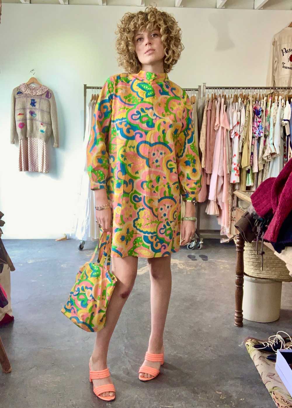 Vintage Wipette Paper Floral Neon Mini Dress with… - image 2