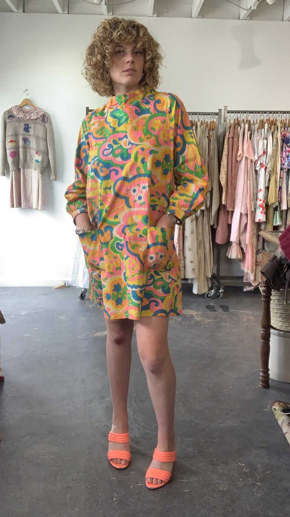 Vintage Wipette Paper Floral Neon Mini Dress with… - image 3