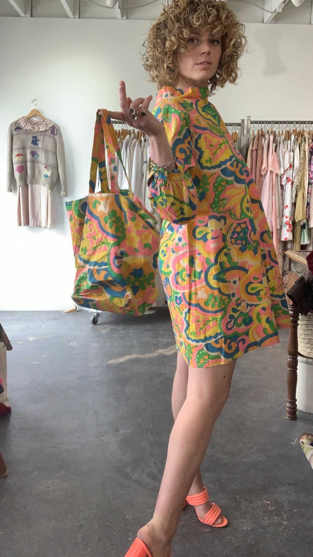 Vintage Wipette Paper Floral Neon Mini Dress with… - image 4