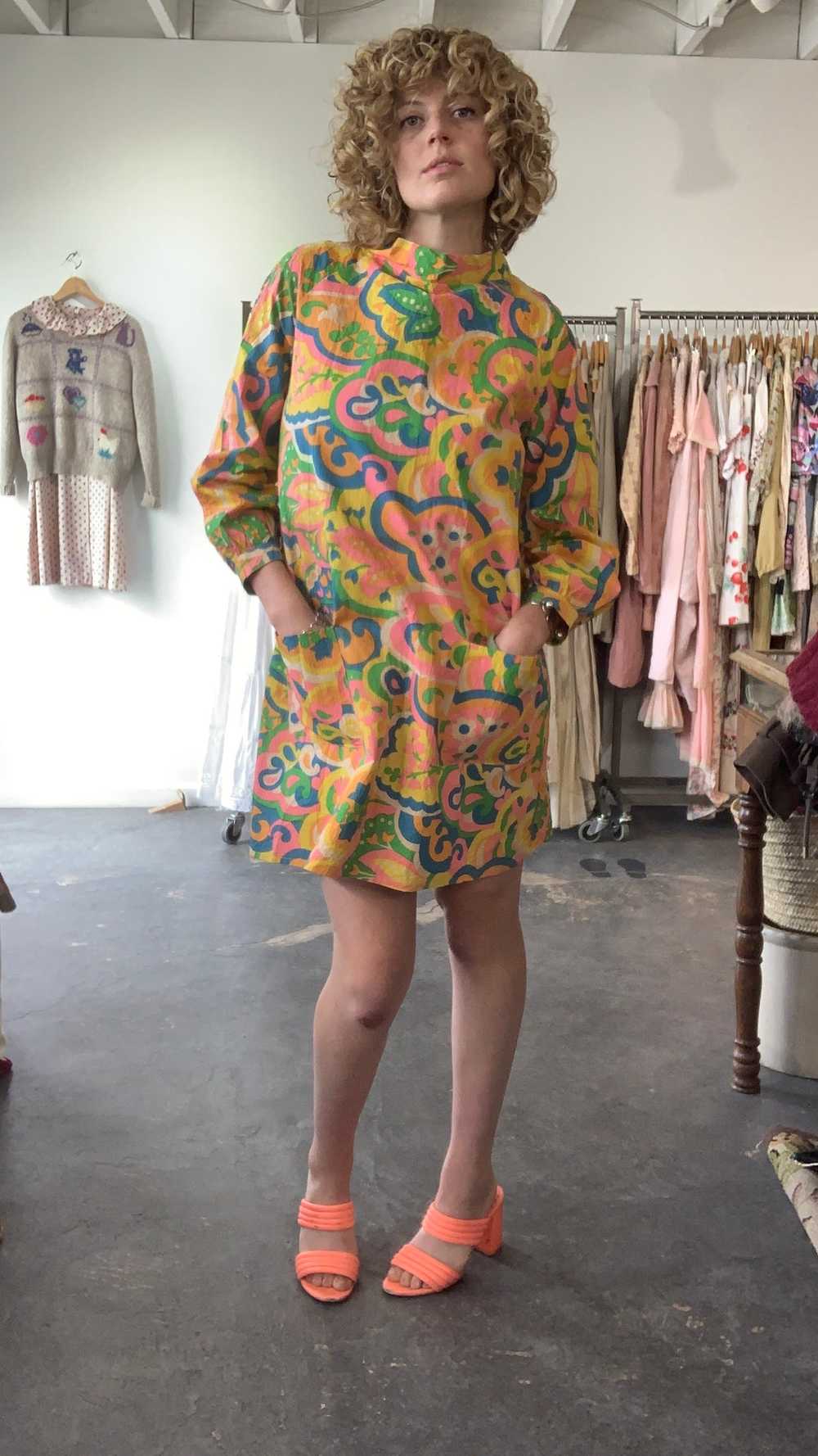 Vintage Wipette Paper Floral Neon Mini Dress with… - image 5