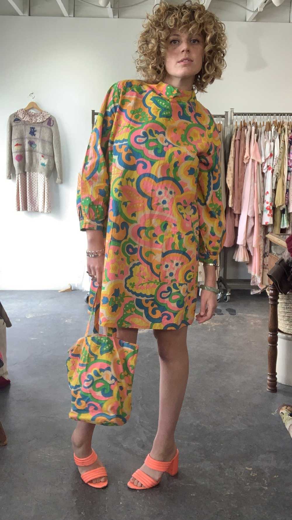 Vintage Wipette Paper Floral Neon Mini Dress with… - image 6