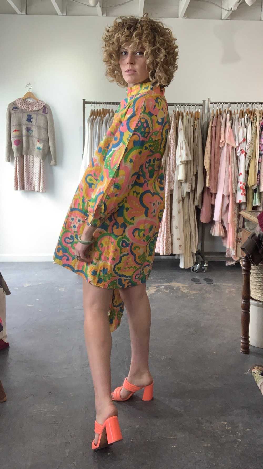 Vintage Wipette Paper Floral Neon Mini Dress with… - image 7