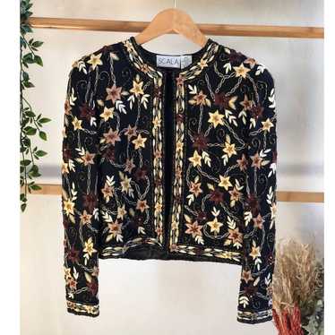 Scala Vintage Beaded Floral Silk Evening Jacket - image 1