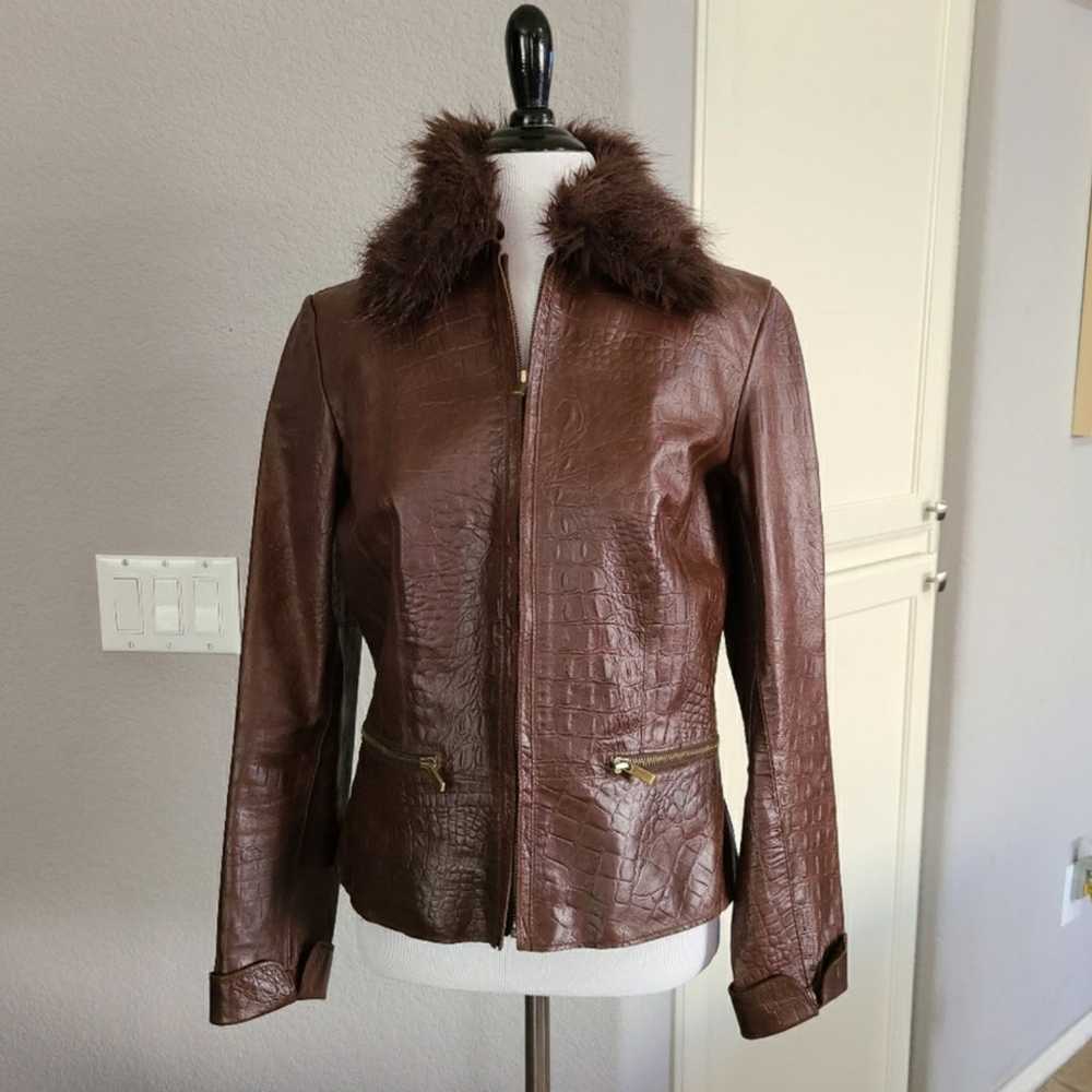 Express Croc Embossed Brown Leather Jacket With F… - image 1