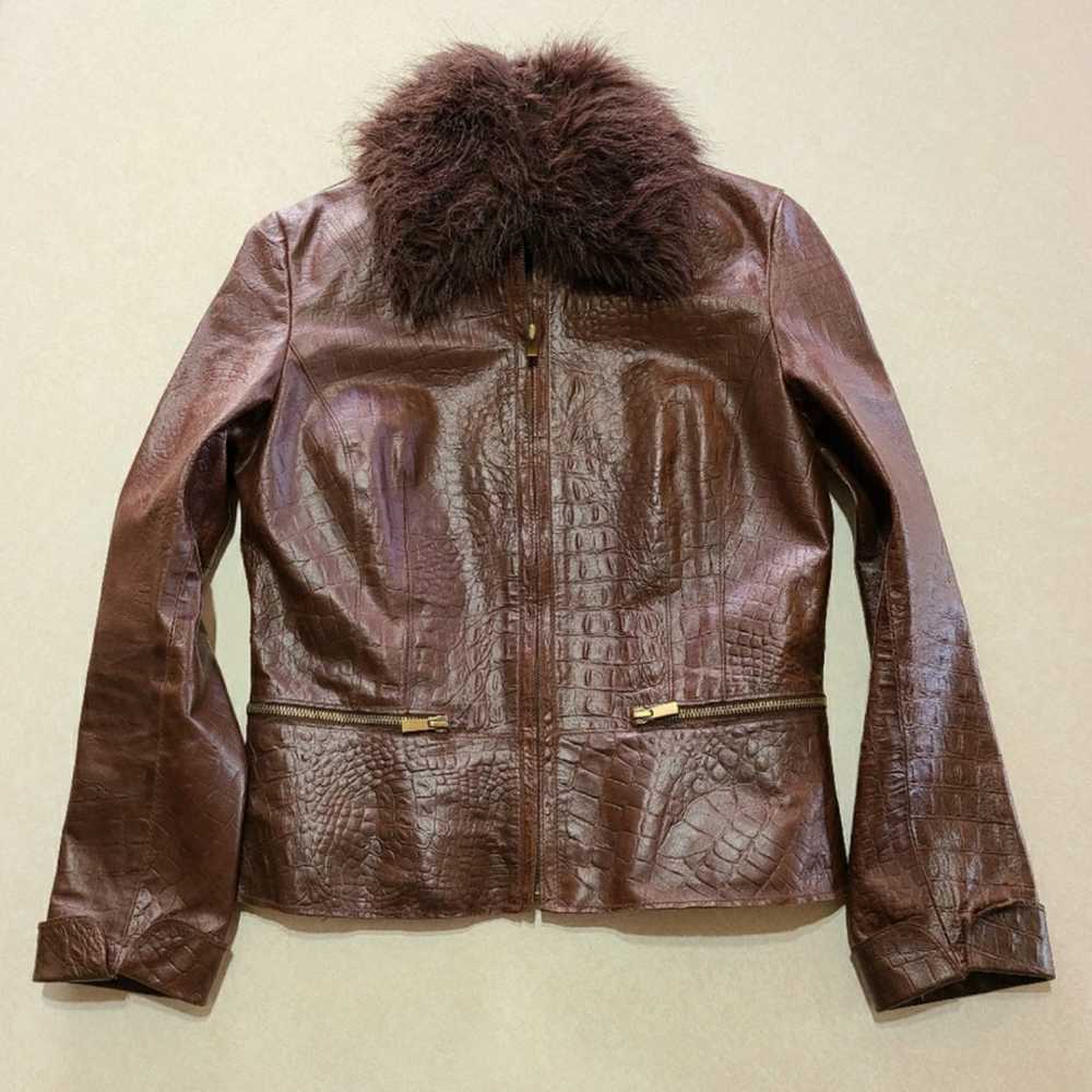 Express Croc Embossed Brown Leather Jacket With F… - image 7