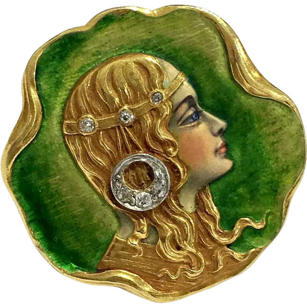 Antique Art Nouveau 18K Gold Enamel Diamond Lady … - image 1