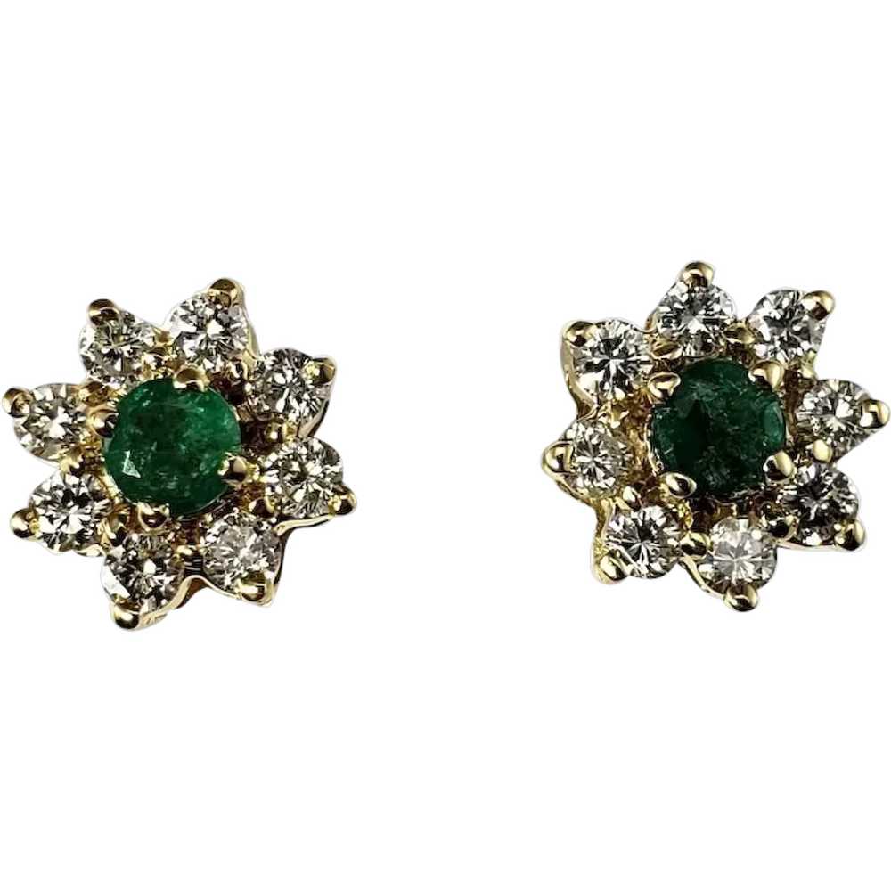 14K Yellow Gold Emerald and Diamond Stud Earrings… - image 1