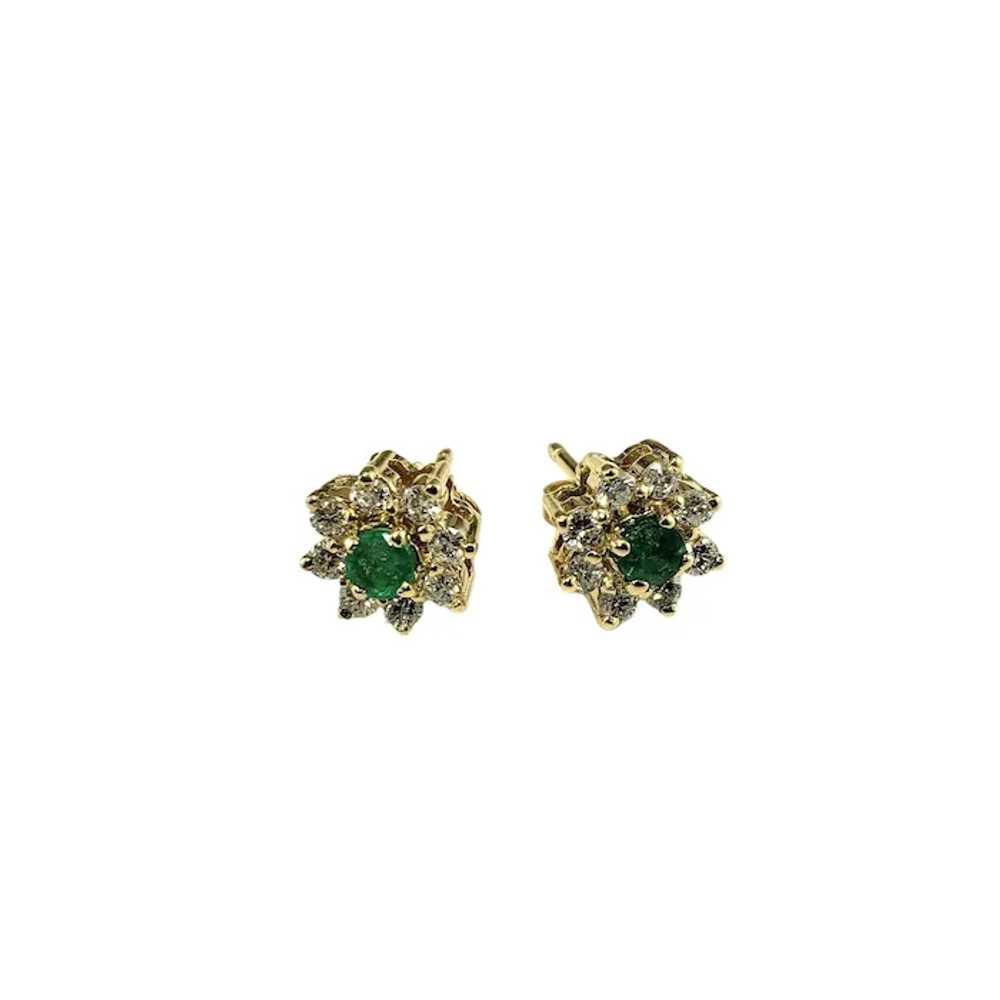 14K Yellow Gold Emerald and Diamond Stud Earrings… - image 2