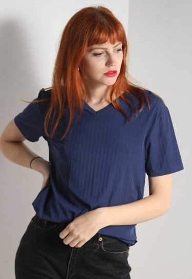 Vintage Moschino Ribbed T-Shirt Top Blue - image 1