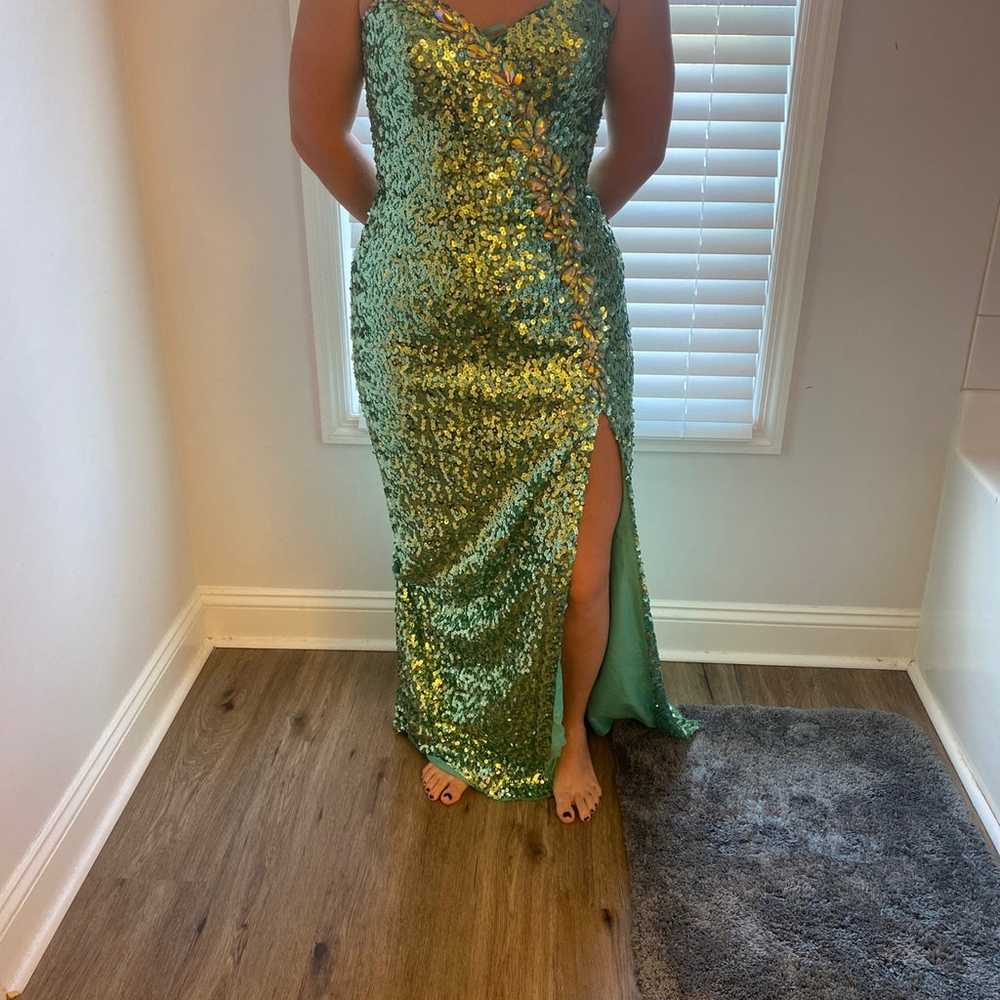 Sequence dress green slit prom new - image 2