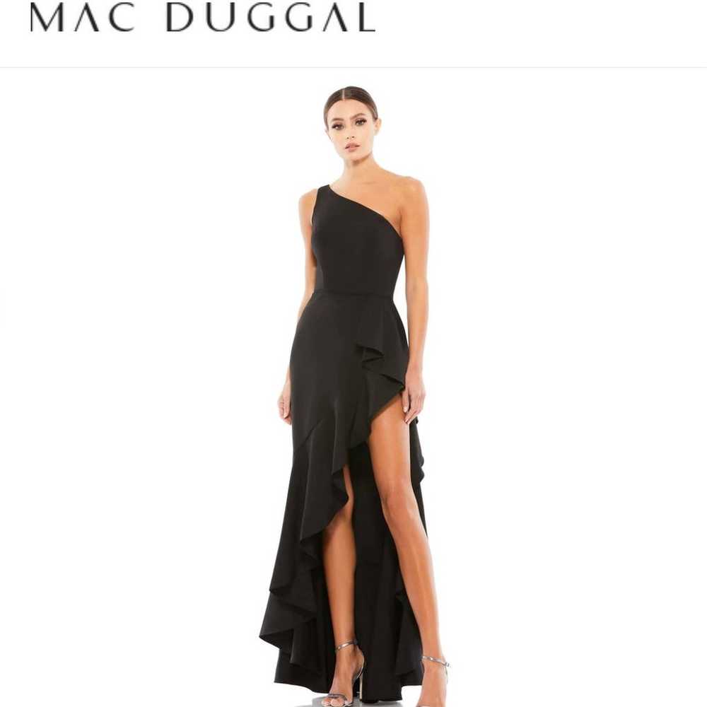 black Mac Duggal one shoulder high slit ruffle go… - image 1