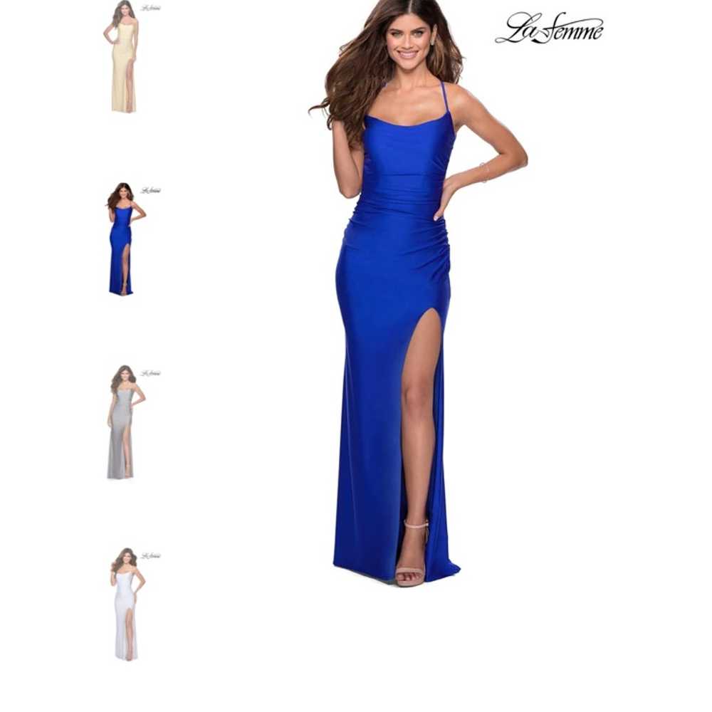 La Femme 28296 Strappy Back Blue Jersey Gown 6 - image 1