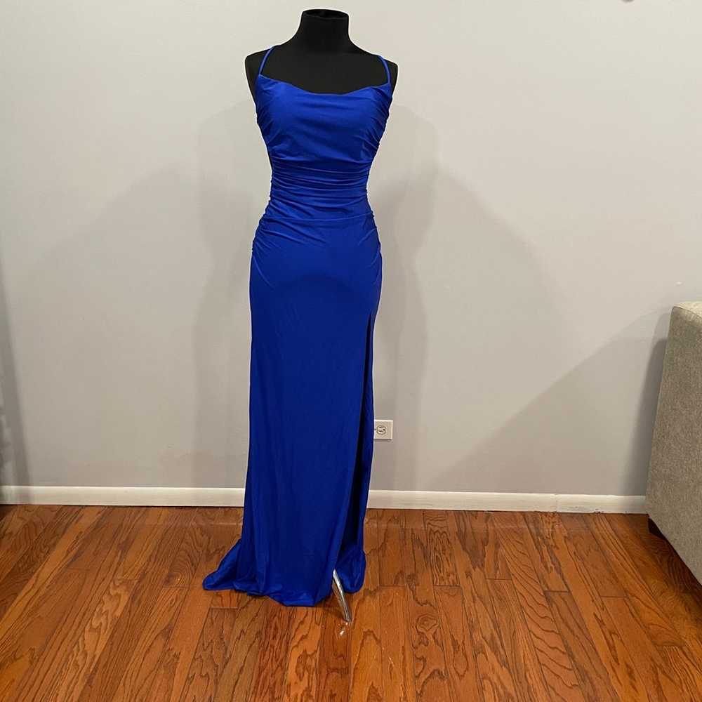 La Femme 28296 Strappy Back Blue Jersey Gown 6 - image 2