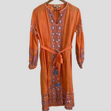 Bella Tu Coral Orange Linen Embroidered Maxi Dress