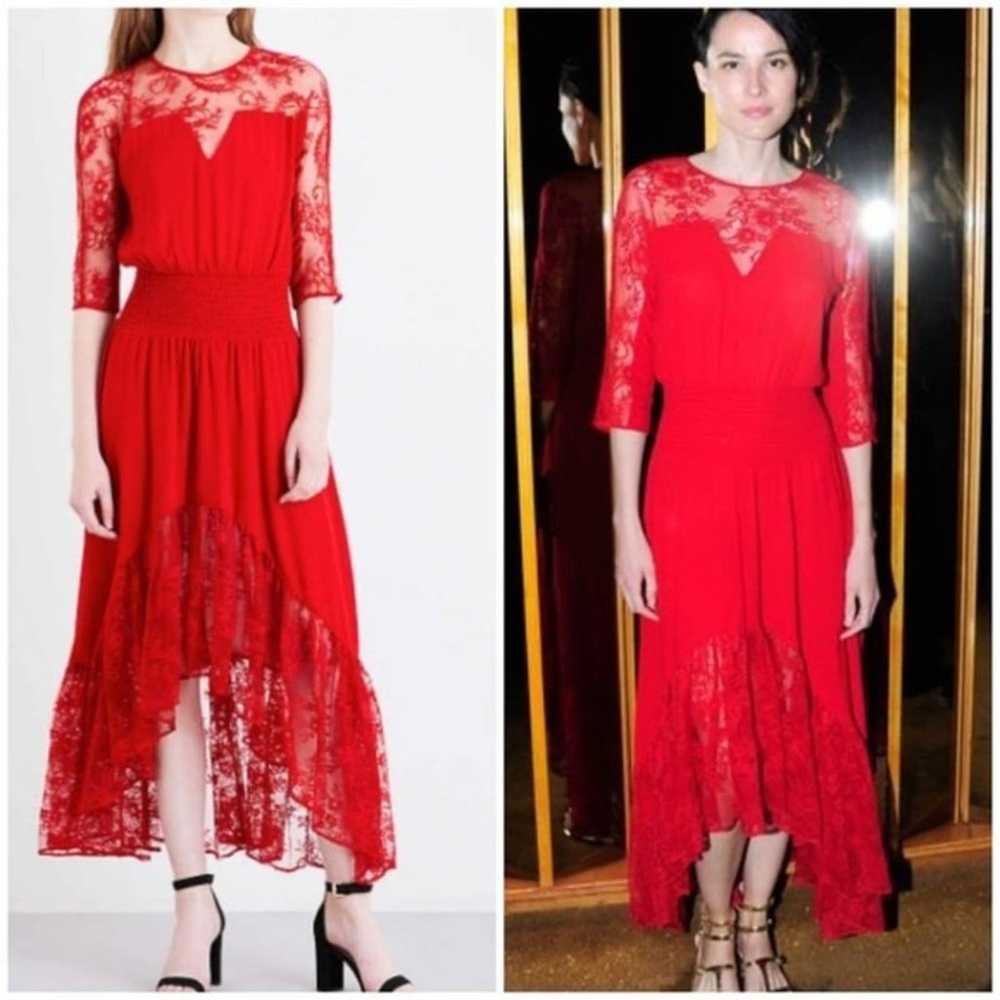 Maje Ritema Asymmetrical Lace Red Midi Dress sz L - image 2