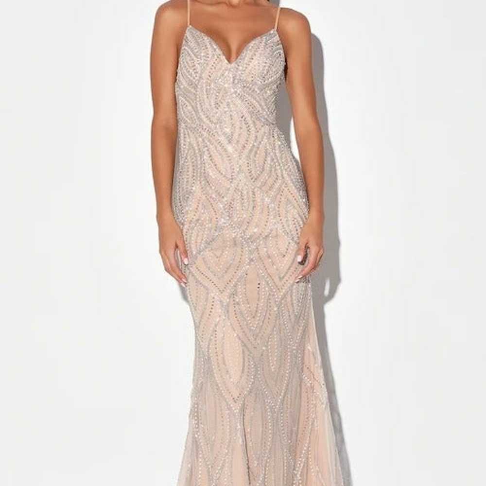 Luxe of a Lifetime Beige Beaded Mermaid Maxi Dress - image 1