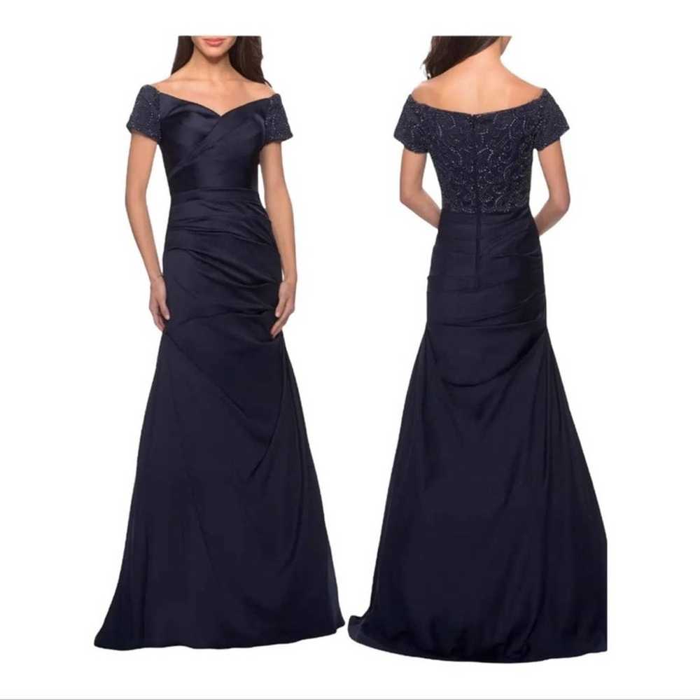 La Femme Satin Off the Shoulder Dress with Beaded… - image 1