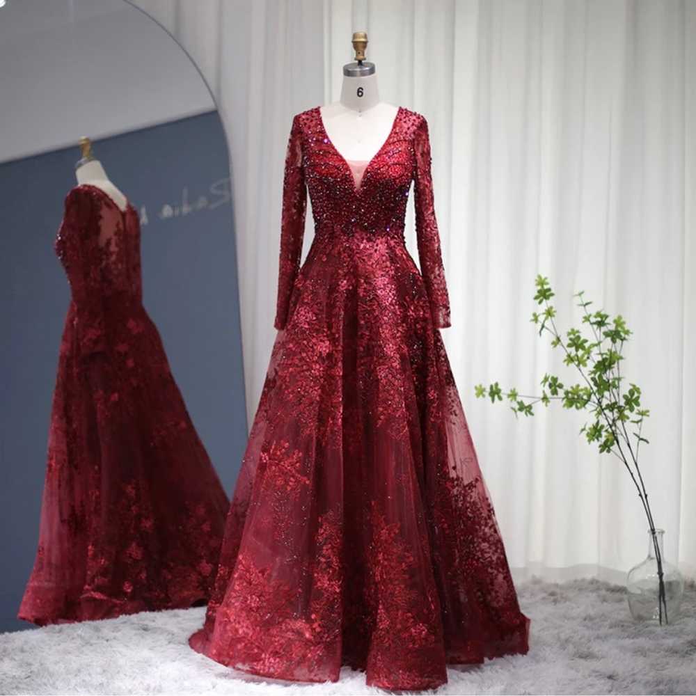 Red Burgundy Long Sleeve Formal A Line Dress - image 2