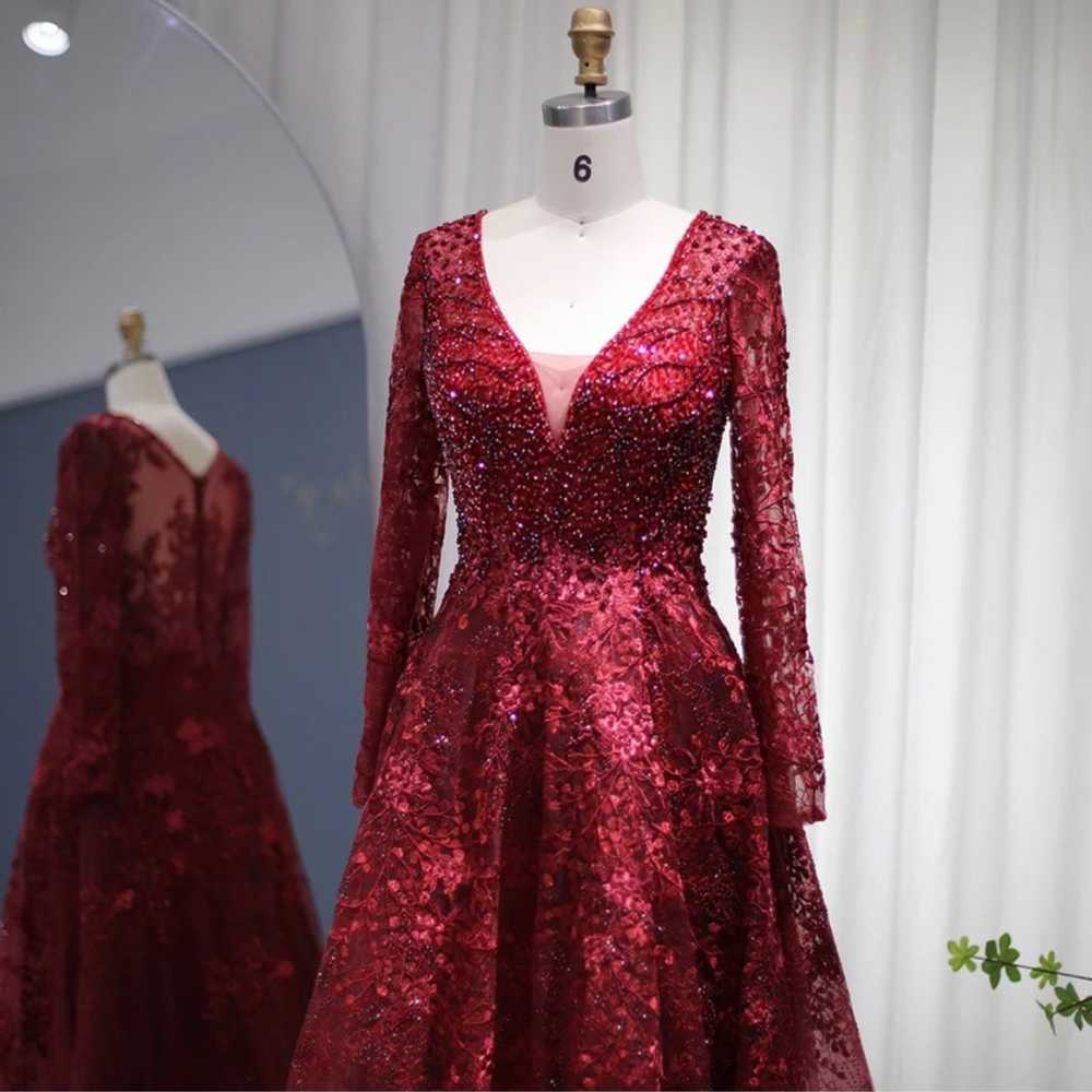Red Burgundy Long Sleeve Formal A Line Dress - image 3