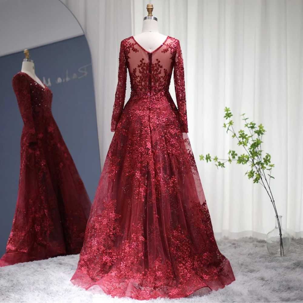 Red Burgundy Long Sleeve Formal A Line Dress - image 5