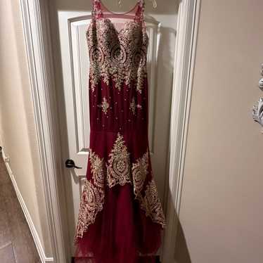 Burgundy/Red and Gold Prom Dress
